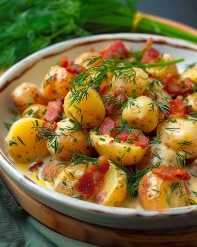 طرز تهیه سیب‌زمینی‌ در سس خامه‌ای با بیکن و شوید